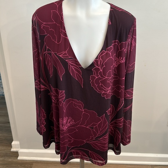 Les Serein 1X Sheer Lined Sleeve Purple Floral V-Neck Blouse - Picture 9 of 11